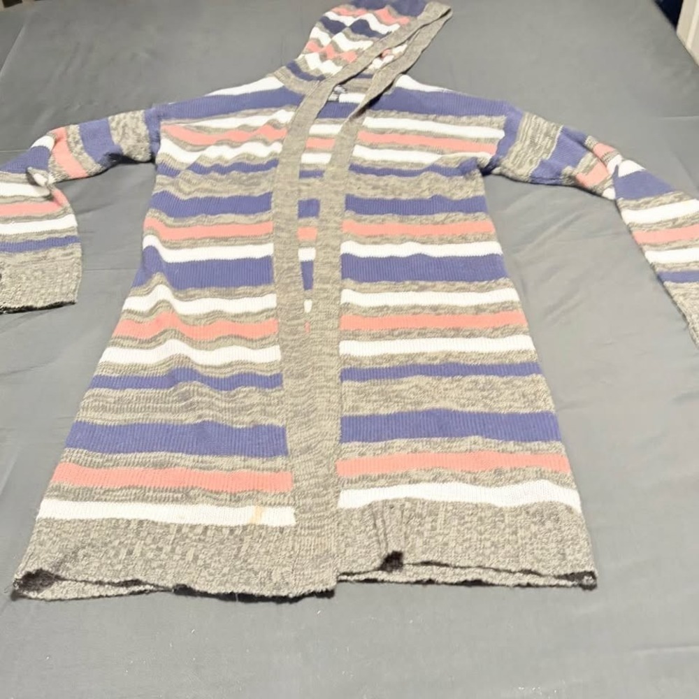 Evelyn Taylor Open Front Cardigan Large Hooded Long Earthtone Stripe Womens Sz M
